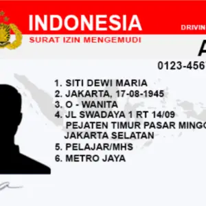 Indonesian driver's license with holder's name, Siti Dewi Maria, birth date, address, gender, job, and license number. Obtain or renew with the support of our expert legal services.