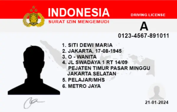 Indonesian driver's license with holder's name, Siti Dewi Maria, birth date, address, gender, job, and license number. Obtain or renew with the support of our expert legal services.