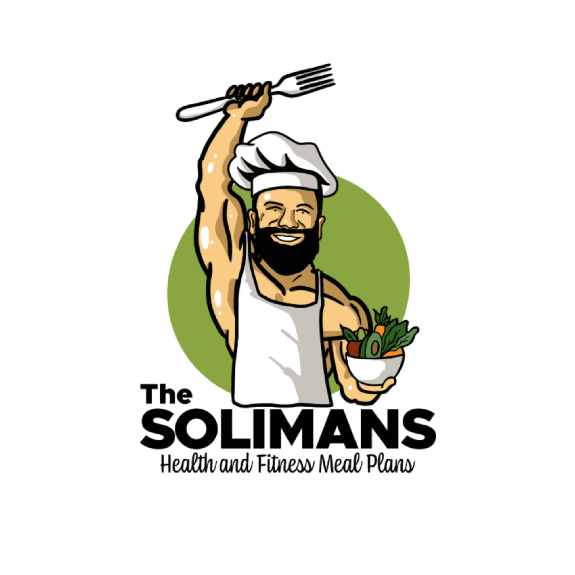 A muscular chef holding a fork and a bowl of vegetables. Text reads "The Solimans: Health and Fitness Meal Plans designed with expert operation management.