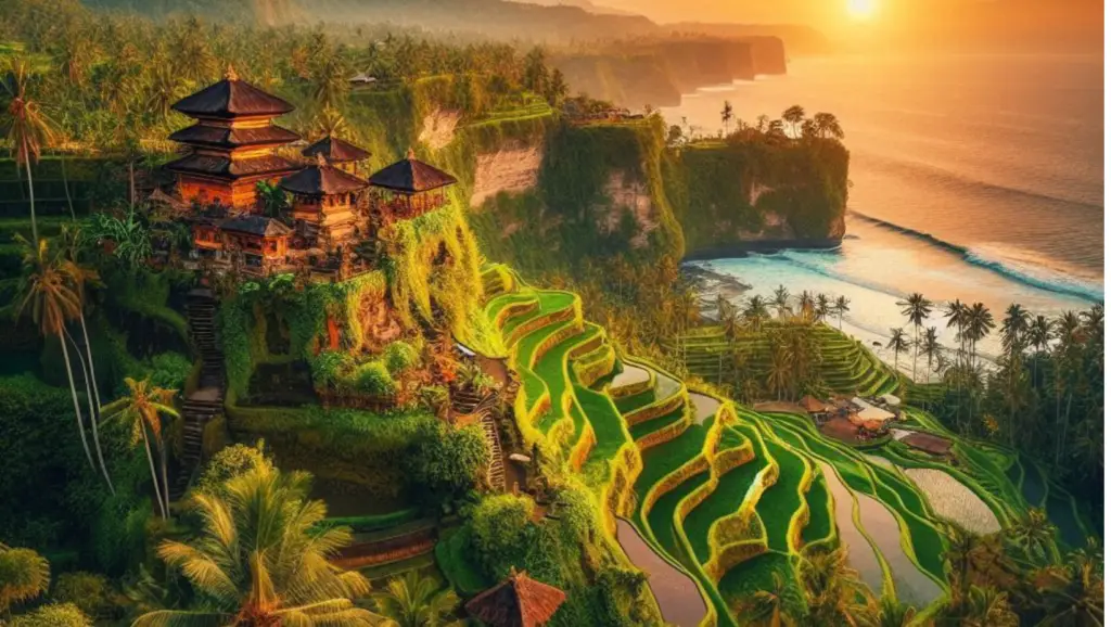 Aerial view of a terraced landscape featuring a temple complex on a cliff, lush greenery, rice paddies, and an ocean at sunset, illustrating Bali's economic reliance on agriculture and tourism.