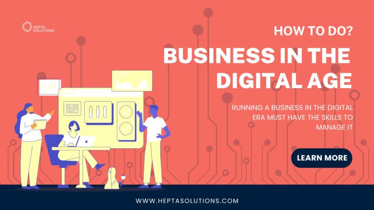 A promotional banner for Hepta Solutions highlighting the importance of digital skills in managing a business in the digital era. The banner features the text 'Running a Business in the Digital Era Must Have the Skills to Manage It' along with the website URL www.heptasolutions.com and a call to action to learn more