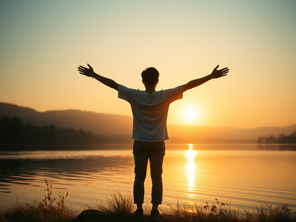 A man standing at the lake watching sun set