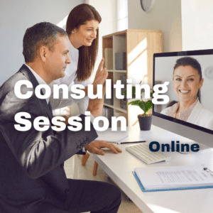 A professional consulting session taking place online. Two business professionals are seen interacting with a consultant on a computer screen. The scene is set in a bright, modern office with documents, a notebook, and a small potted plant on the desk. The text 'Consulting Session Online' is displayed prominently over the image.