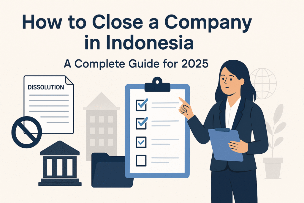Illustration banner titled "How to Close a Company in Indonesia – A Complete Guide for 2025" featuring a professional woman pointing at a checklist clipboard. Surrounding icons include a dissolution document, a government building, a prohibition sign, and a file folder, symbolizing legal and administrative steps. The color scheme is neutral beige with blue and gray accents, conveying a professional and informative tone.