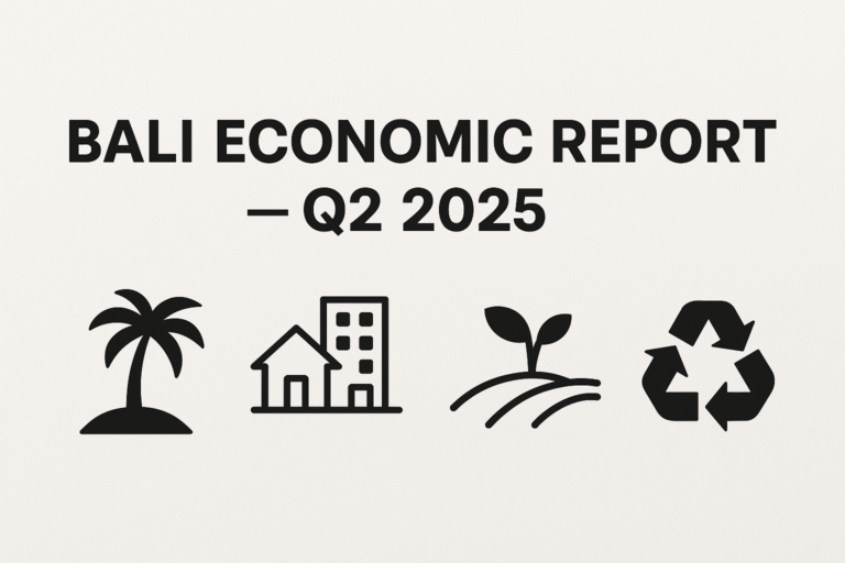 A minimalist digital banner titled ‘Bali Economic Report — Q2 2025’, featuring clean, bold typography. Below the title, four black icons are evenly spaced and represent tourism (palm tree), real estate (house), agriculture (leaf), and recycling (circular arrows). The design has a white background with a modern, professional layout.”
