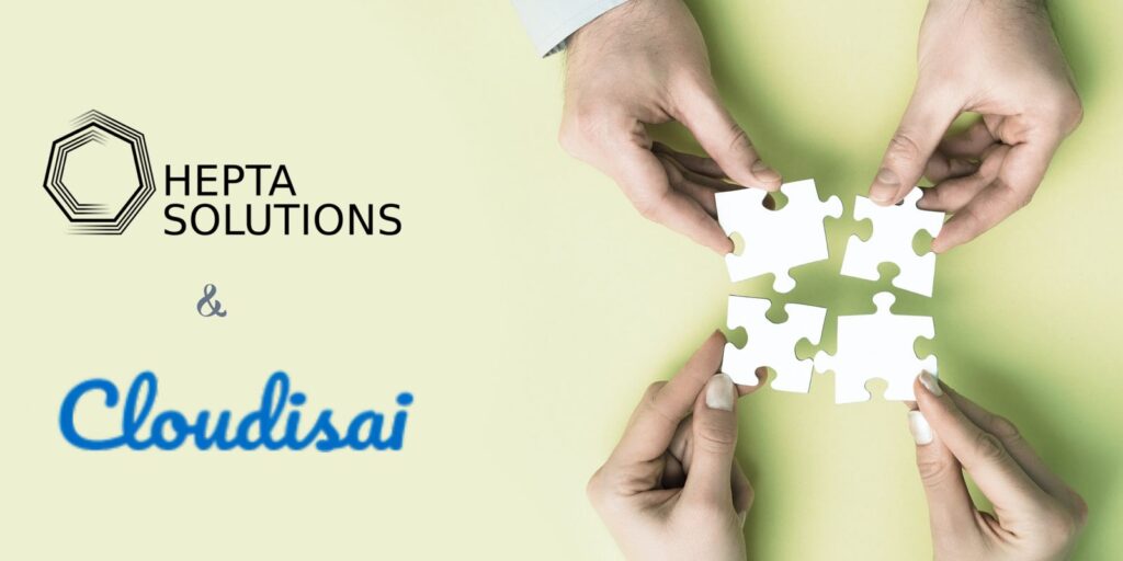 Four hands assembling white puzzle pieces, symbolizing collaboration between two companies, HEPTA Solutions and Cloudisai, whose logos are displayed on the left side of the image